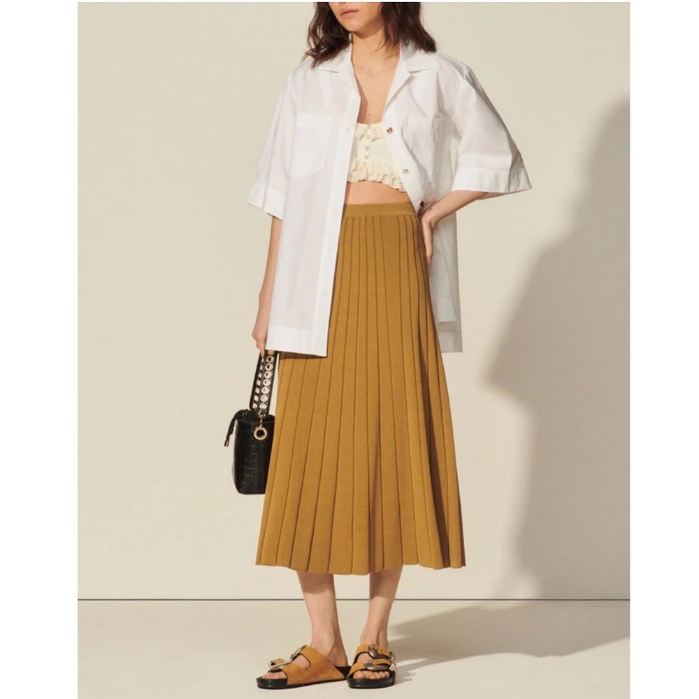 Sandro Paris Jupe Ribbed Pleated Knit Midi Skirt Sz:1